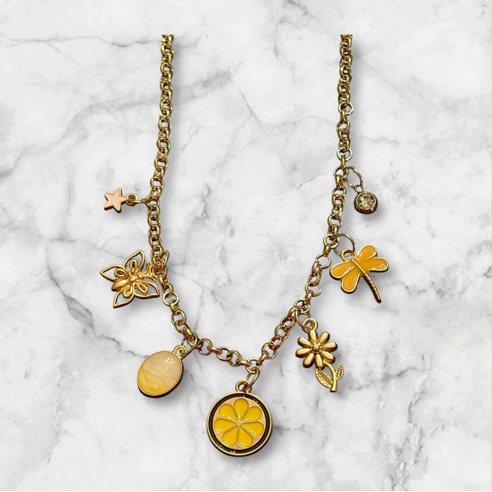 Gold Charm Necklace with Floral Accents